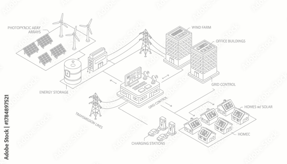 Fototapeta premium Vector Isometric Illustration of a Smart Grid Energy System with Solar Panels, Wind Turbines, and Charging Stations for presentations and marketing materials