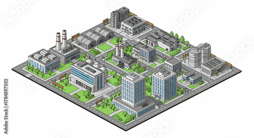 Isometric City Vector Illustration: Industrial Zone and Business District in Flat Design Style for Urban Planning and Architectural Presentation