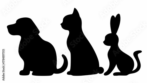Charming silhouettes of a dog, cat, and rabbit sitting together, symbolizing companionship and diverse pets.