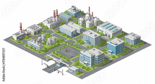 Vector Isometric Cityscape: Modern Industrial & Commercial Zone - Urban Planning, Real Estate Development, Manufacturing Sector
