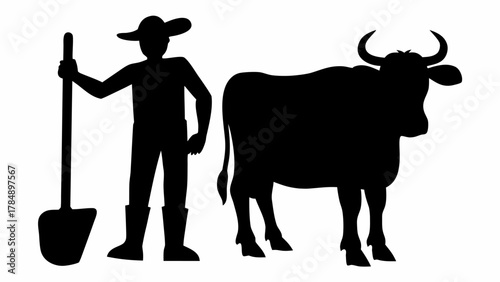 Farmer with shovel and cow, representing agriculture, livestock, and rural life.