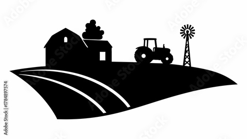 Charming farm scene with barn, tractor, and windmill on rolling hills creating a rustic idyllic landscape