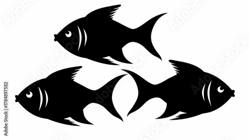 Dynamic trio of stylized black fish swimming together in harmony and unity