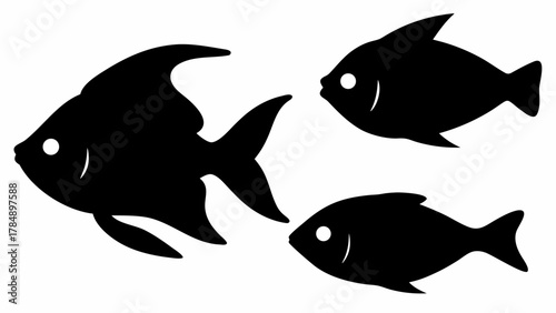 Three sleek black fish swim together in a dynamic underwater ballet, evoking freedom and tranquility