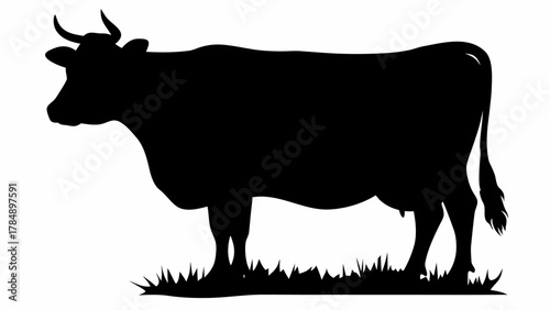 Striking silhouette of a horned cow grazing peacefully in pasture land, a powerful farm animal icon