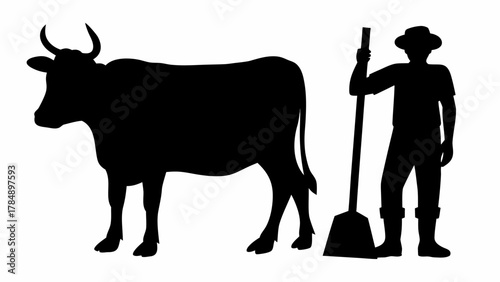 Farmer and cow silhouette conveying rural life and agricultural partnership for natural farming themes