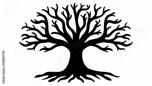 Bold black silhouette of a stylized tree with prominent roots and branches
