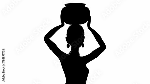 Elegant silhouette woman carries water pot on head in traditional style, embodying strength and heritage