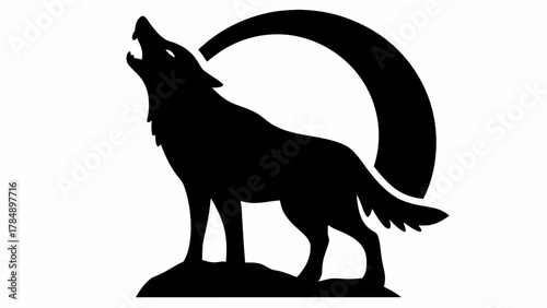 Majestic wolf silhouette howls at crescent moon on rocky outcrop, evoking wild spirit and nature's power.