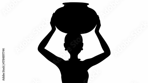 Elegant silhouette of woman carrying water pot, symbolizing strength, tradition, and daily life
