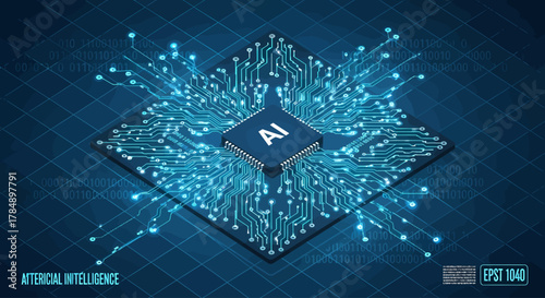 Isometric AI Microchip Circuit Board Illustration for Technology Innovation and Digital Transformation