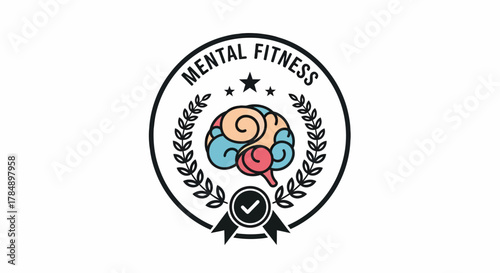 Mental Fitness Badge Logo: Brain Health & Wellness Icon for Positive Thinking, Cognitive Function, and Psychological Well-being