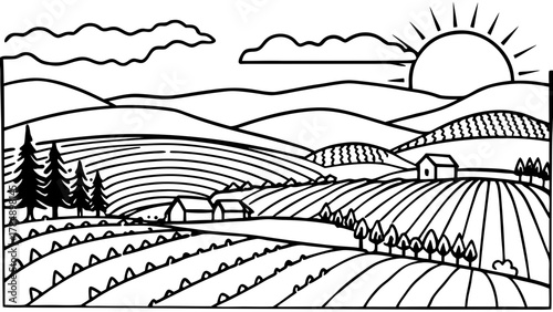 Very beautiful golden hour view over a serene countryside, featuring rolling hills, the sun setting on the horizon, warm glowing sky colors, and a realistic peaceful rural landscape.