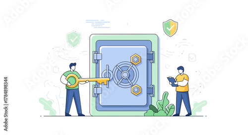 Illustration of two people, one holding a key and the other a tablet, near a secure vault.