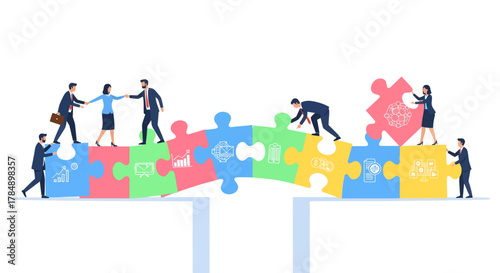 Teamwork bridge: People connecting puzzle pieces to overcome a gap.