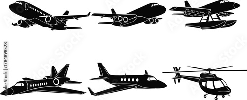 Aircraft vector silhouette, commercial jet, seaplane, private jet, turboprop, helicopter, aviation icon set, editable flight clipart