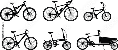 Bicycle silhouette vector set, mountain bike, road bike, BMX, hybrid, folding, cargo bike, side view, clipart, icons