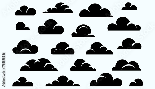 Minimalist black cloud silhouettes set, simple and elegant shapes, clean vector design, isolated on a white background, perfect for modern graphic design and branding