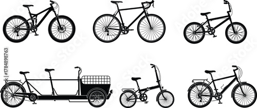 Bicycle vector silhouette, mountain bike, road bike, BMX, tandem cargo bike, folding bike, cruiser, editable cycling icon set