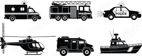 Emergency vehicle vector, ambulance, fire truck, police car, helicopter, SWAT van, rescue boat, silhouette icon set, editable clipart