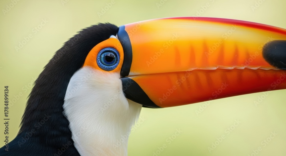 Obraz premium Extreme close up of a Toco Toucan with a vibrant orange beak. Detailed macro of exotic avian features and bright blue eye. Wildlife conservation and biodiversity concept