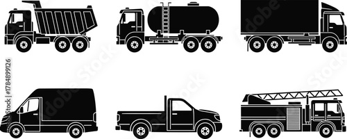 Truck silhouette vector set, dump truck, tanker, box truck, delivery van, pickup, fire truck, side view, clipart, icons