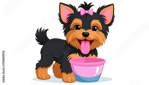 Cute Cartoon Yorkshire Terrier Puppy with a pink bowl and tongue out illustration