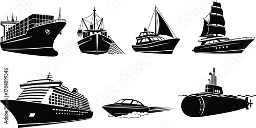 Watercraft vector illustration, cargo ship, fishing boat, sailboat, yacht, cruise ship, submarine, speedboat, tall ship, editable marine clipart