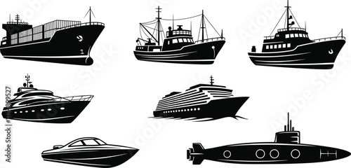 Watercraft vector silhouette, cargo ship, fishing boat, ferry, yacht, cruise ship, speedboat, submarine, marine transport icon set