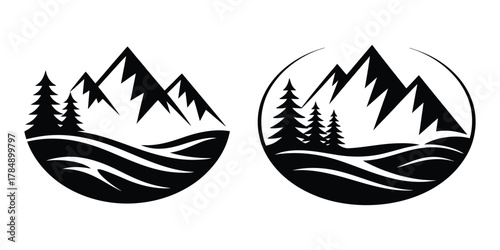 Mountain Forest Wave Landscape Vector Logo Set