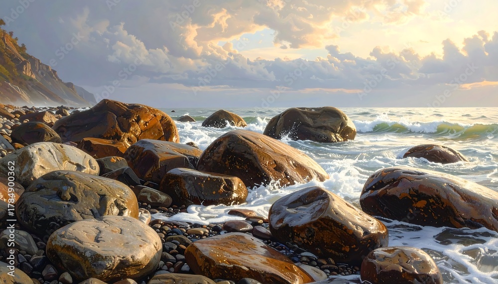 Obraz premium Coastal Scene with Rocks and Waves under Cloudy Sky at the Beach