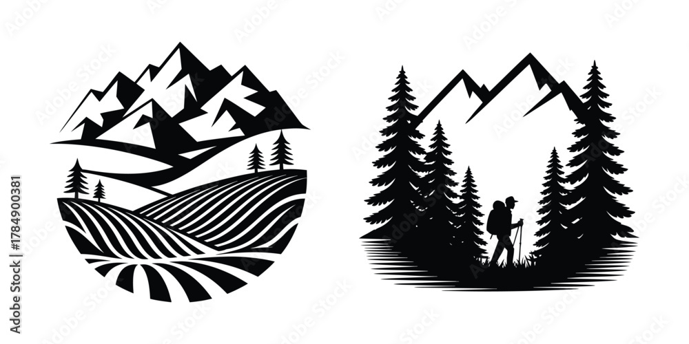 Fototapeta premium Mountain Farm and Hiking Vector Illustration Set