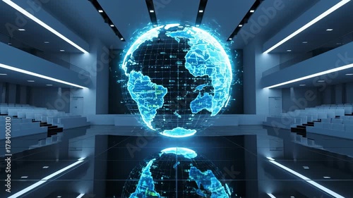 A digital globe projects onto a stage in a modern auditorium reflecting on a glossy floor amid stark white seats