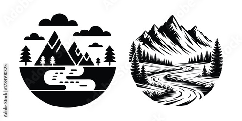 Mountain river forest landscape vector illustration
