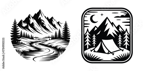 Mountain camping river landscape vector illustration