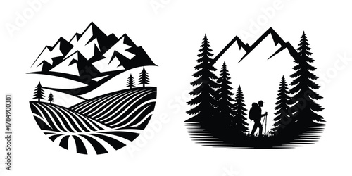 Mountain Farm and Hiking Vector Illustration Set