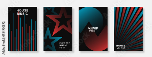 Modern gradient music poster on dark background set. Minimalist Sound Cover template with geometric shape design. Suitable for party, festival, social media, club, banner. Vector