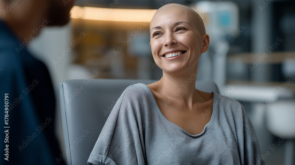Fototapeta premium Faceless smiling bald woman receiving chemotherapy treatment defocused procedure room background at clinic talking to nurse patient positivity during therapy supportive care