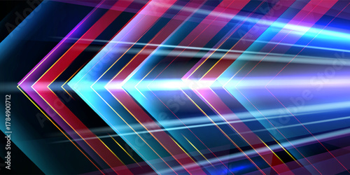 Neon glowing arrows showing forward, futuristic bright laser light stripes. Dynamic motion speed boost concept, pink blue optical flares. Cyber abstract technology background, shiny lines texture.