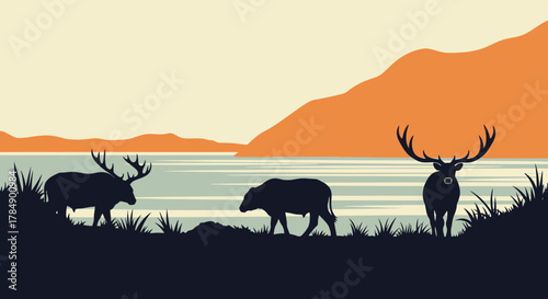 Silhouette Scene: Deer and Buffalo near Lake