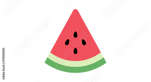 A simplified illustration of a triangular watermelon slice, showcasing the red flesh, seeds, rind, and white background