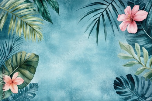 Tropical floral background with green palm leaves and pink hibiscus flowers on soft blue surface. For summer design, travel themes, exotic invitations, spa promotions, with copy space and natural mood