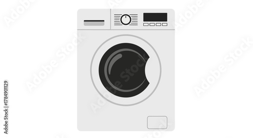 A front-loading, white laundry machine with a circular black door, buttons, dials, and a digital display