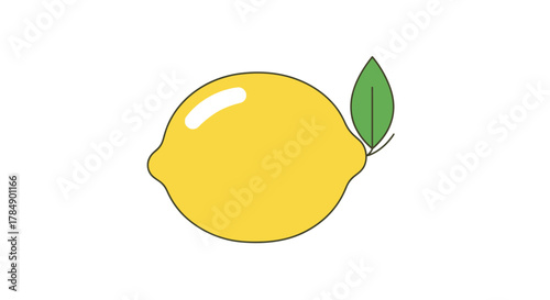 A stylized, bright yellow citrus fruit with a green leaf against a white background, simple illustration