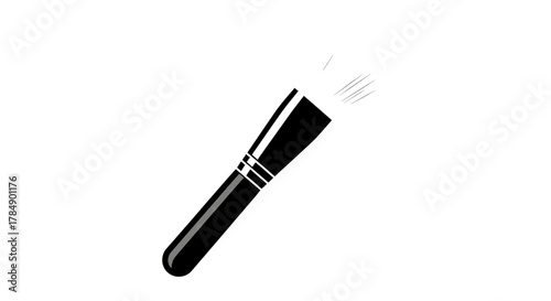 Vector graphic of a slanted, flat makeup applicator. Black handle with silver bands. White bristles. Angled against a white backdrop