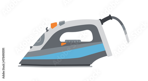 A flat-iron illustration with a grey body, blue and orange accents, and a curved power cord. White background