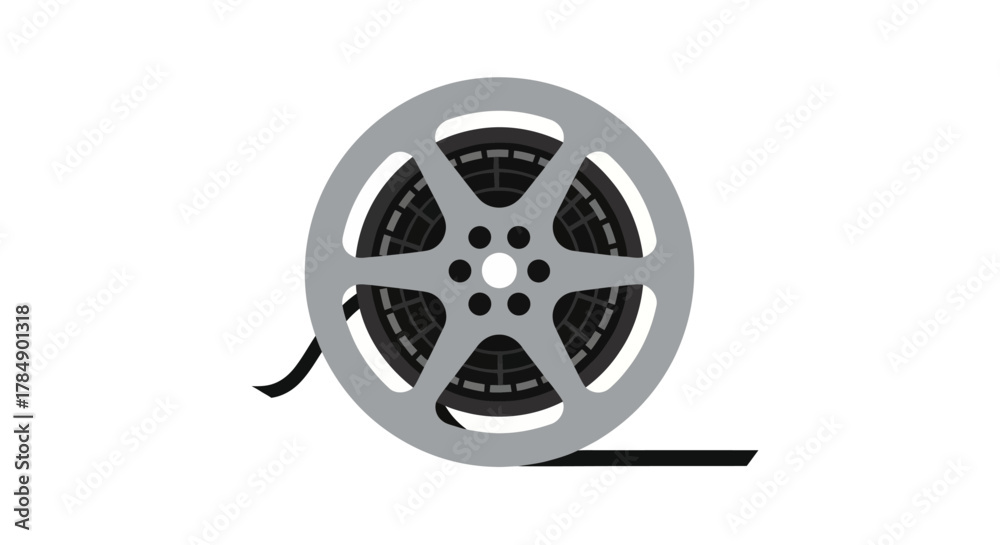 Obraz premium A classic film reel icon. A gray reel with black film inside and a strip of film trailing from the side against a white backdrop