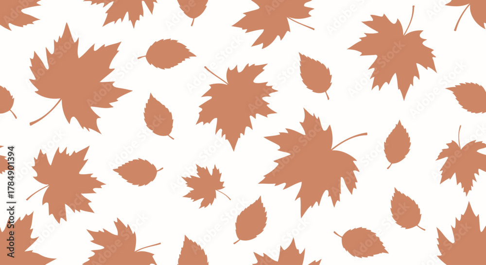 Fototapeta premium A white background hosts scattered, muted brown leaf silhouettes, some maple-shaped, creating a seamless, autumnal pattern