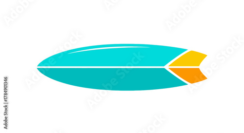 A vibrant, sleek surfboard illustration with a cyan body and an orange/yellow fin. Its design is minimalist