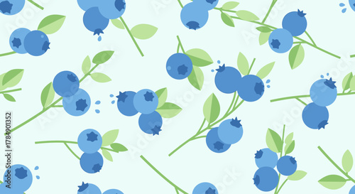 A repeating pattern shows scattered stylized blueberries with green leaves and branches on a pale-blue backdrop